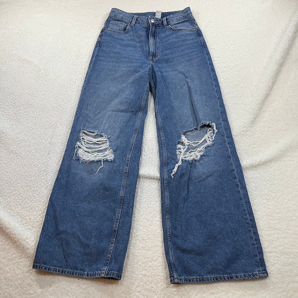 H&M Divided Jeans Womens 4 Blue Wide Leg Distressed High Waist Denim 90s Grunge
